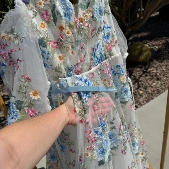 Teuta Matoshi- Cerulean Wildflower Floral Puff Sleeve Dress with Blue Accents - Picture 5 of 8